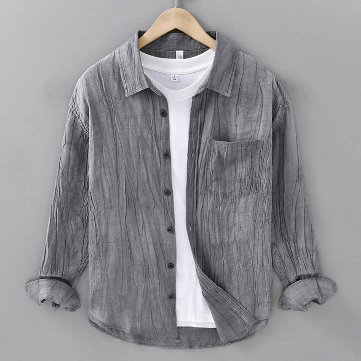 Camisa de lino ramio de manga larga para hombre con bolsillos y botones plisados ​​retro Buddha Stones - Gris pizarra claro - US/UK/AU42, EU52 (3XL) - image 1