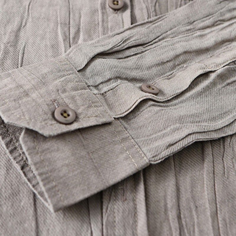 Camisa de lino ramio de manga larga para hombre con bolsillos y botones plisados ​​retro Buddha Stones - image 15