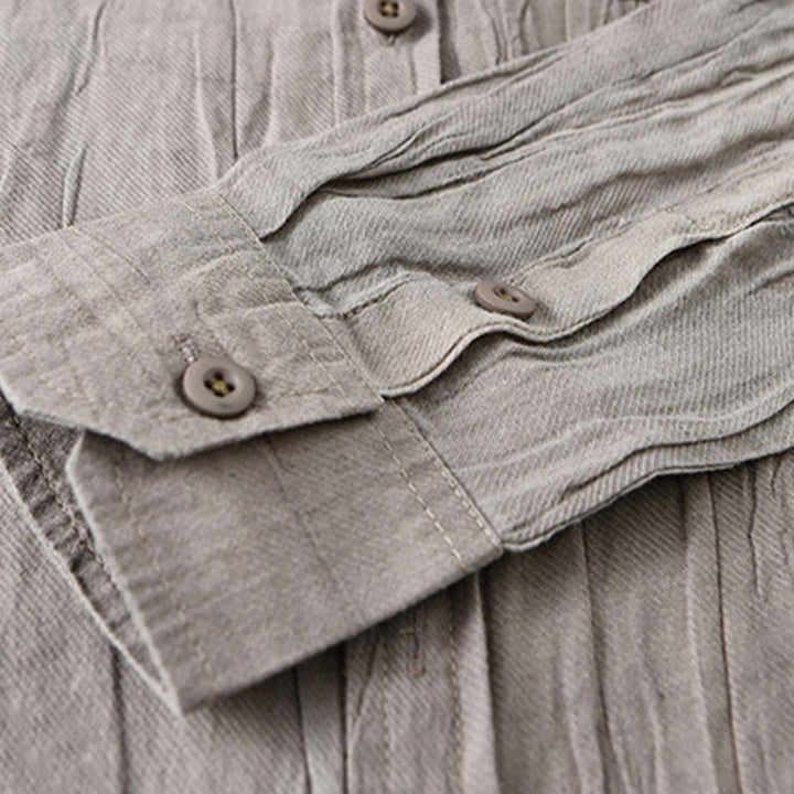Camisa de lino ramio de manga larga para hombre con bolsillos y botones plisados ​​retro Buddha Stones - image 15