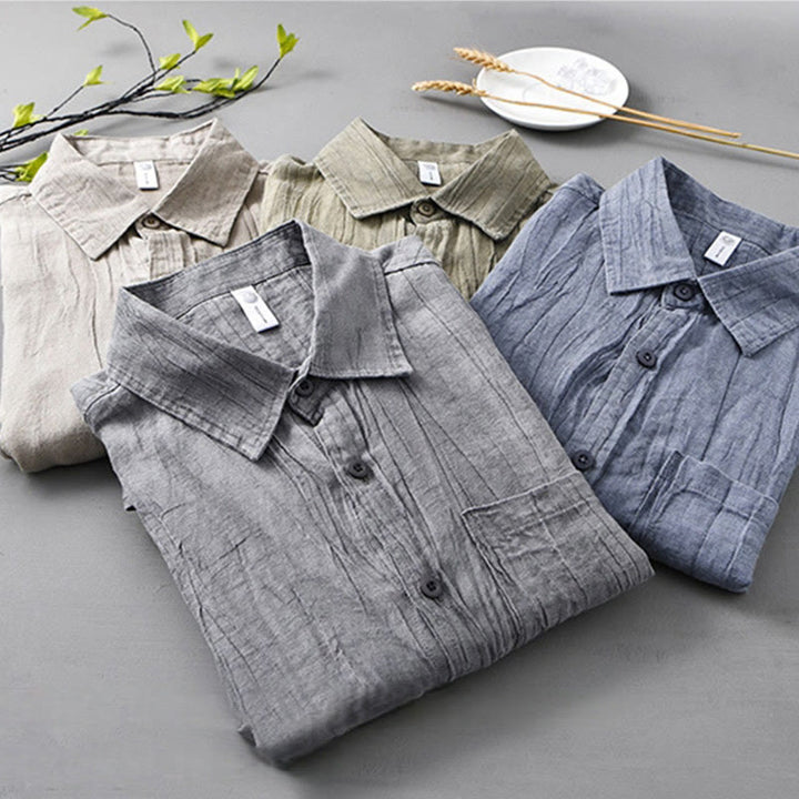 Camisa de lino ramio de manga larga para hombre con bolsillos y botones plisados ​​retro Buddha Stones - image 22