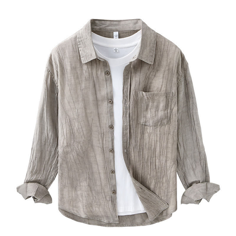 Camisa de lino ramio de manga larga para hombre con bolsillos y botones plisados ​​retro Buddha Stones - image 16