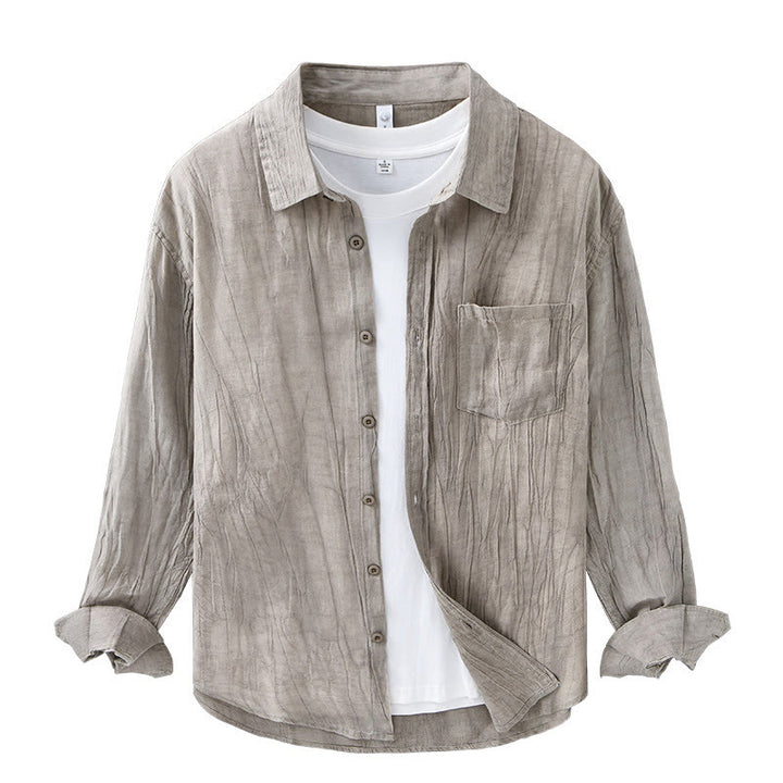 Camisa de lino ramio de manga larga para hombre con bolsillos y botones plisados ​​retro Buddha Stones - image 16