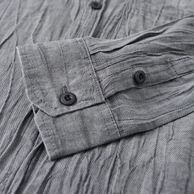 Camisa de lino ramio de manga larga para hombre con bolsillos y botones plisados ​​retro Buddha Stones - image 4