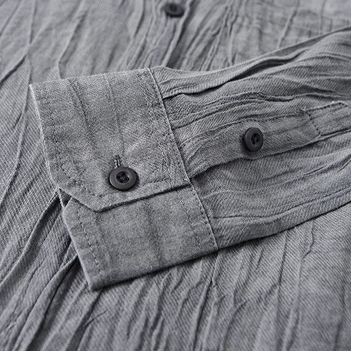 Camisa de lino ramio de manga larga para hombre con bolsillos y botones plisados ​​retro Buddha Stones - image 4