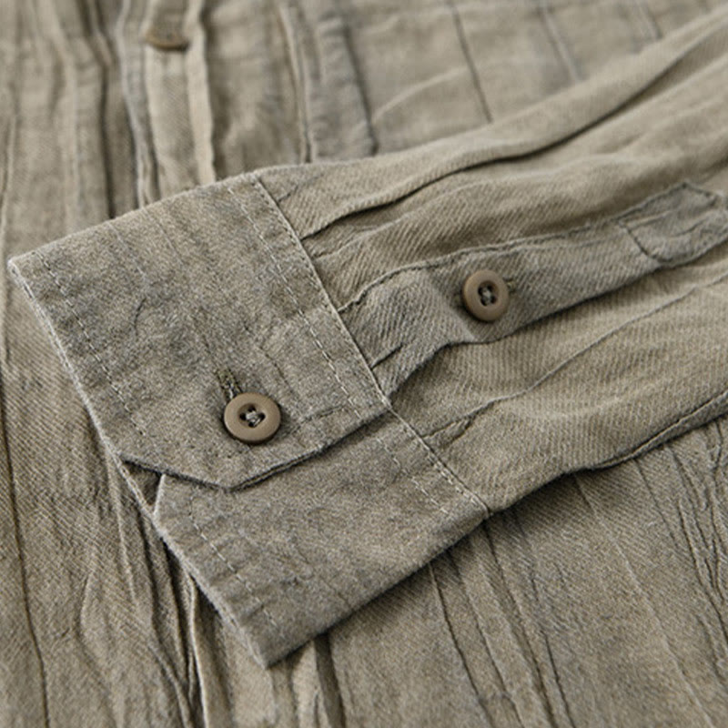 Camisa de lino ramio de manga larga para hombre con bolsillos y botones plisados ​​retro Buddha Stones - image 7
