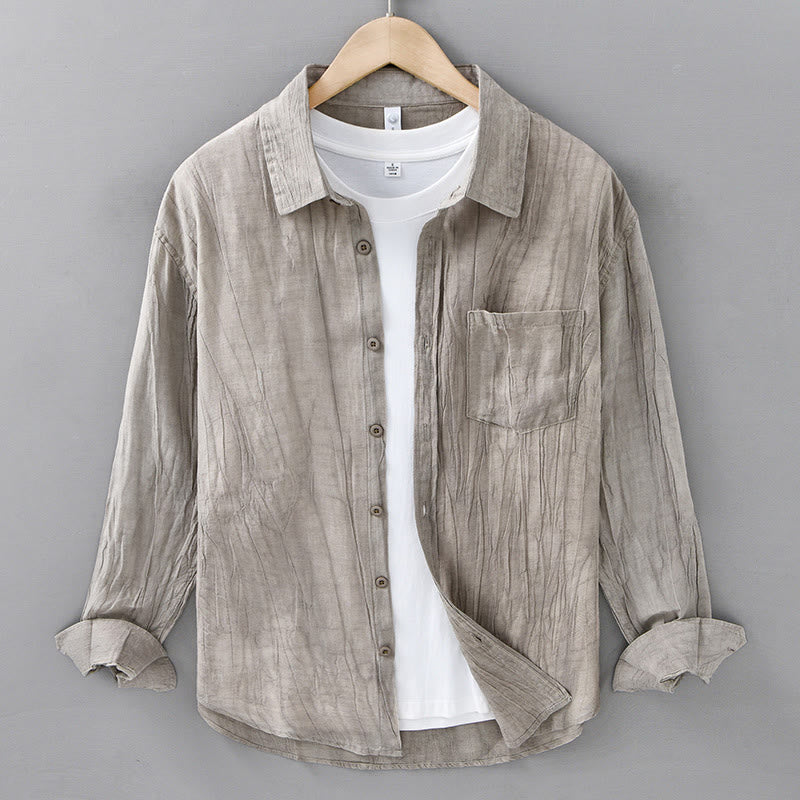 Camisa de lino ramio de manga larga para hombre con bolsillos y botones plisados ​​retro Buddha Stones - Broncearse - US/UK/AU42, EU52 (3XL) - image 9