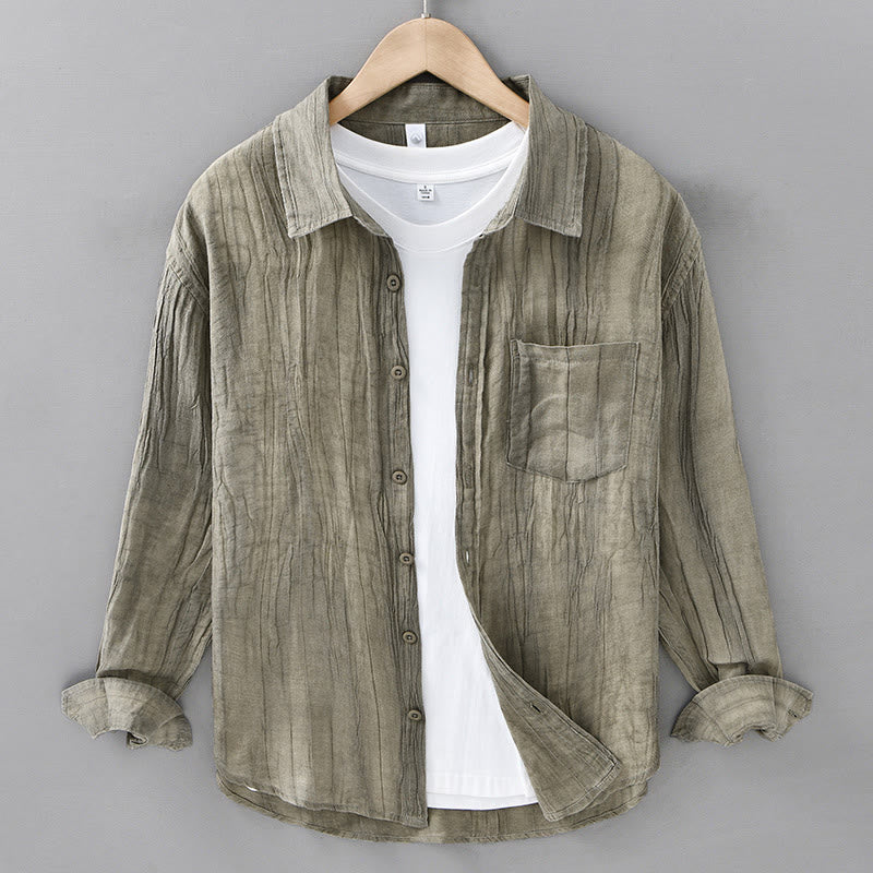 Camisa de lino ramio de manga larga para hombre con bolsillos y botones plisados ​​retro Buddha Stones - AmarilloVerde - US/UK/AU42, EU52 (3XL) - image 5