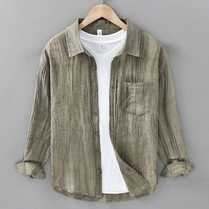 Camisa de lino ramio de manga larga para hombre con bolsillos y botones plisados ​​retro Buddha Stones - AmarilloVerde - US/UK/AU42, EU52 (3XL) - image 5
