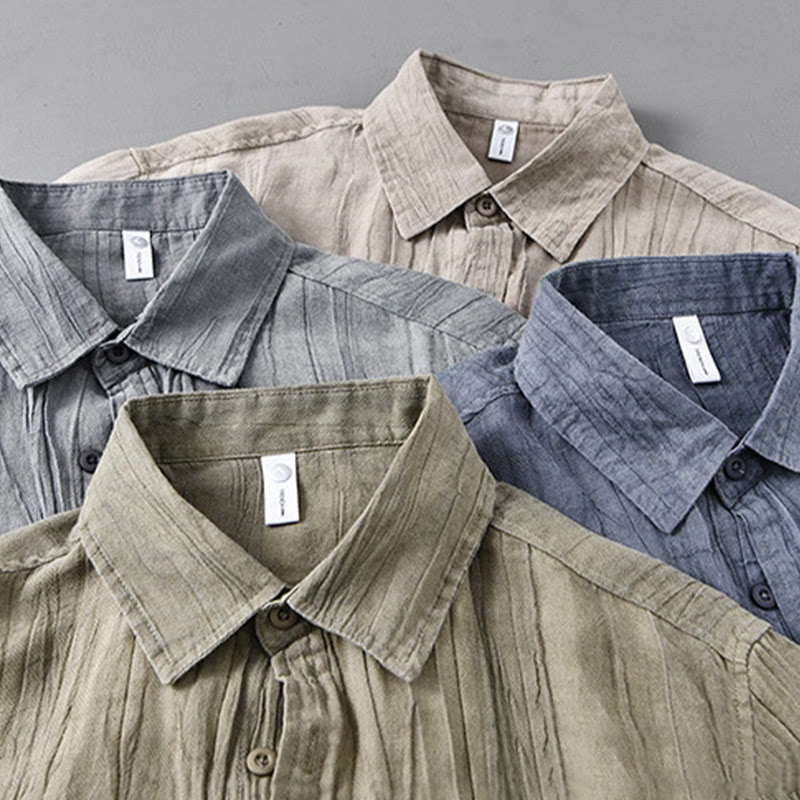 Camisa de lino ramio de manga larga para hombre con bolsillos y botones plisados ​​retro Buddha Stones - image 21