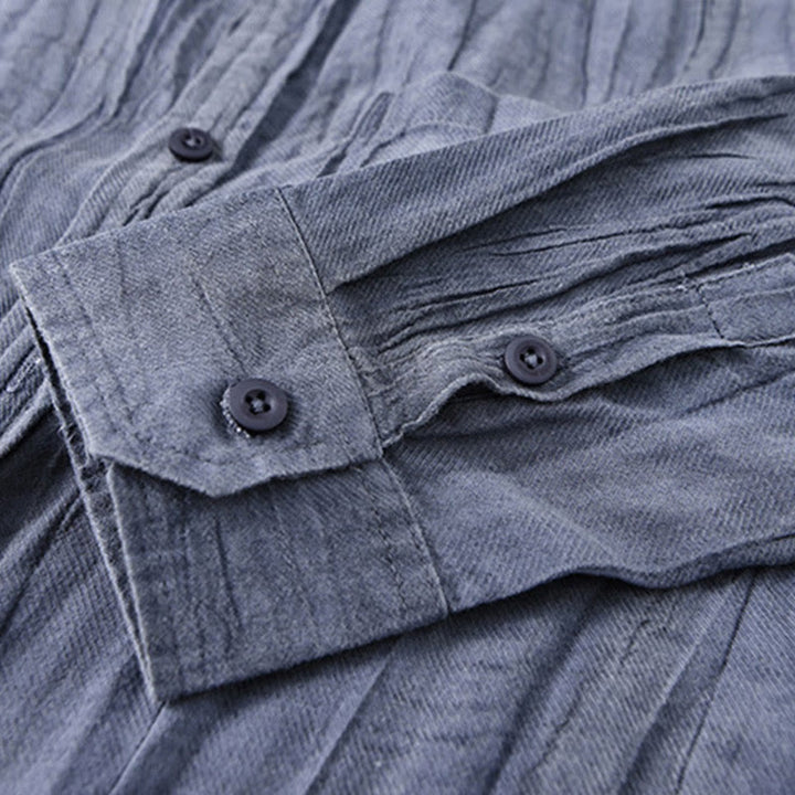 Camisa de lino ramio de manga larga para hombre con bolsillos y botones plisados ​​retro Buddha Stones - image 20