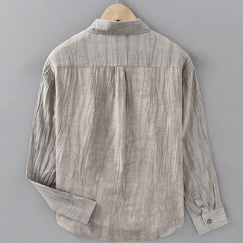 Camisa de lino ramio de manga larga para hombre con bolsillos y botones plisados ​​retro Buddha Stones - image 10