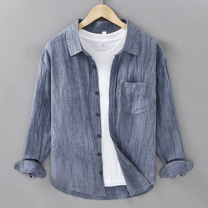 Camisa de lino ramio de manga larga para hombre con bolsillos y botones plisados ​​retro Buddha Stones - Azul acero - US/UK/AU42, EU52 (3XL) - image 17
