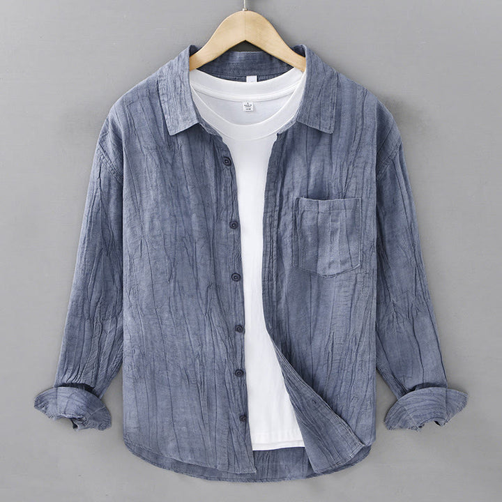 Camisa de lino ramio de manga larga para hombre con bolsillos y botones plisados ​​retro Buddha Stones - Azul acero - US/UK/AU42, EU52 (3XL) - image 17