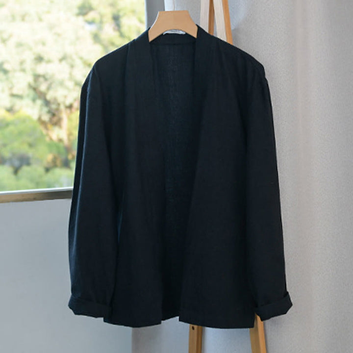 Camisa de lino y algodón de manga larga con cuello alto y colores puros para hombre con Buddha Stones - image 20