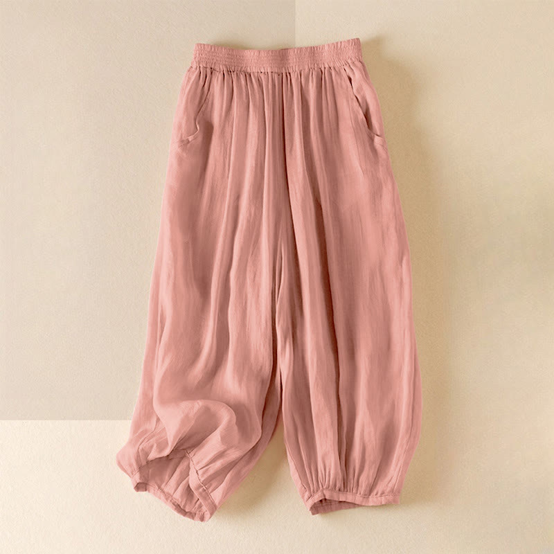 Pantalones cortos casuales de verano Buddha Stones para mujer, de lino y algodón de doble capa, con bolsillos - Rosa - US8-10，UK/AU12-14，EU40-42 (2XL) - image 0
