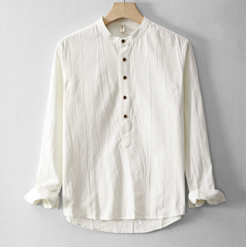Camisa de lino y algodón de manga larga para hombre, con diseño de Buddha Stones, pliegues lisos, botones y cuello alto - FloralBlanco - US/UK/AU44, EU54 (4XL) - image 6