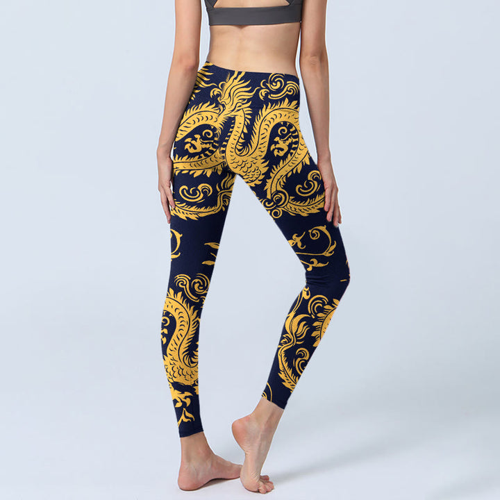 Leggings de yoga para mujer con estampado de enredaderas y dragones dorados y Buddha Stones - image 4