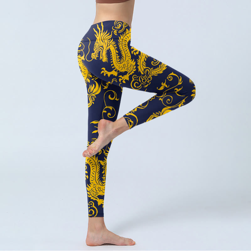 Leggings de yoga para mujer con estampado de enredaderas y dragones dorados y Buddha Stones - image 3
