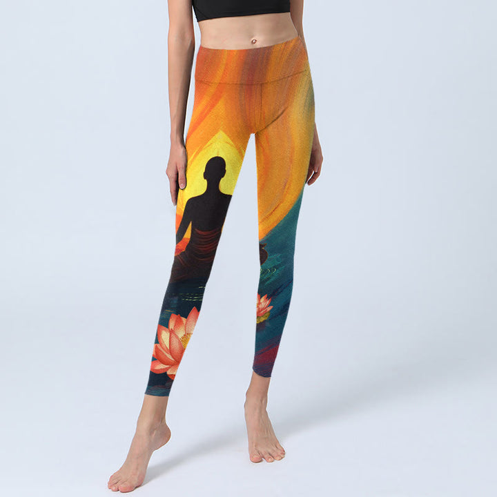 Leggings de yoga para mujer con estampado de flor de loto y figura meditativa de Buddha Stones - image 6