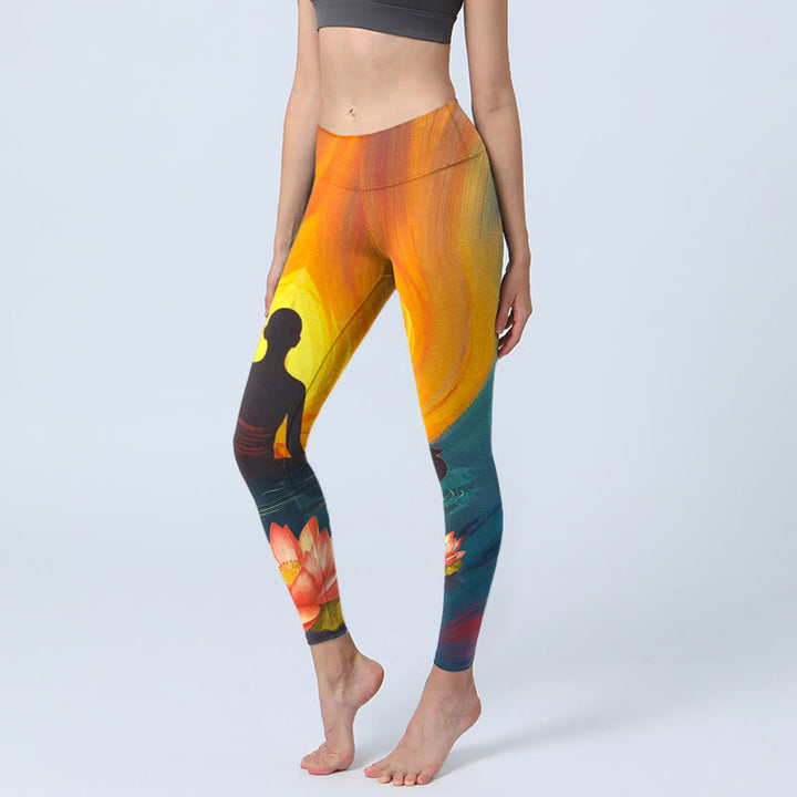 Leggings de yoga para mujer con estampado de flor de loto y figura meditativa de Buddha Stones - SandyBrown - US18，UK/AU22，EU50 (4XL) - image 0