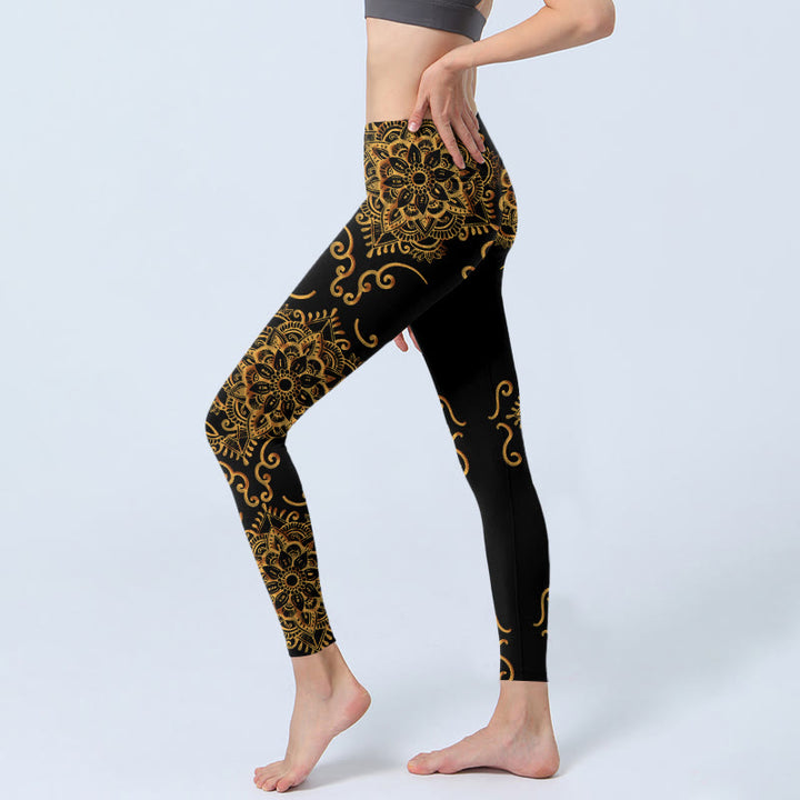 Leggings de yoga para mujer con estampado de flores de mandala doradas y Buddha Stones - image 2