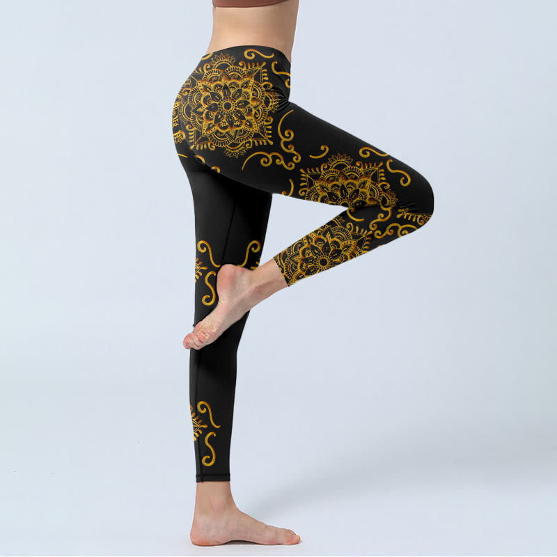 Leggings de yoga para mujer con estampado de flores de mandala doradas y Buddha Stones - image 3