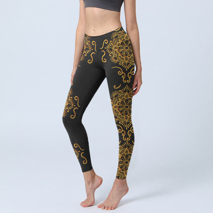 Leggings de yoga para mujer con estampado de flores de mandala doradas y Buddha Stones - Negro - US18，UK/AU22，EU50 (4XL) - image 0