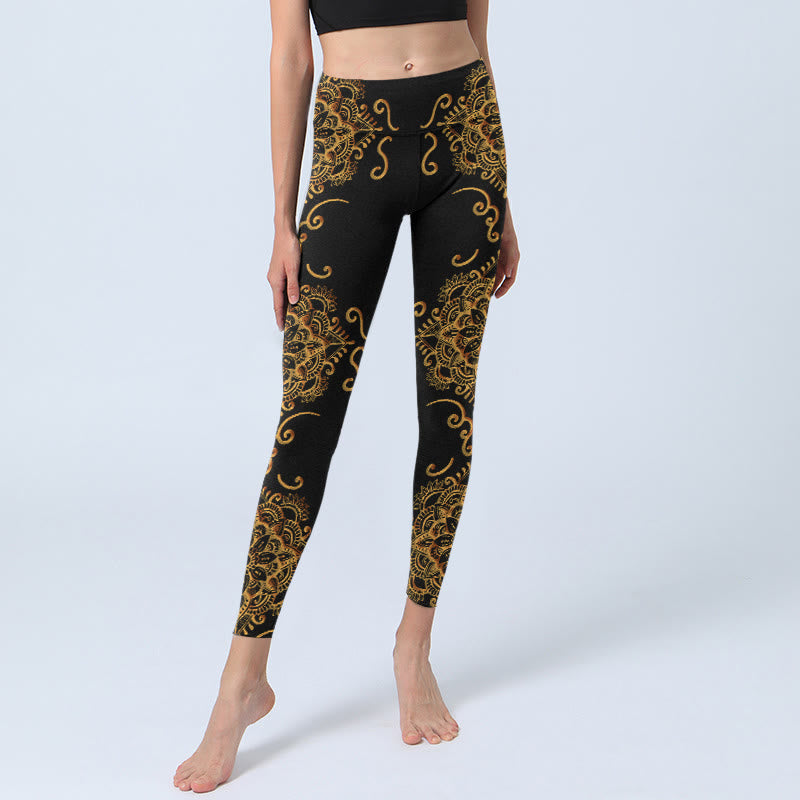 Leggings de yoga para mujer con estampado de flores de mandala doradas y Buddha Stones - image 5