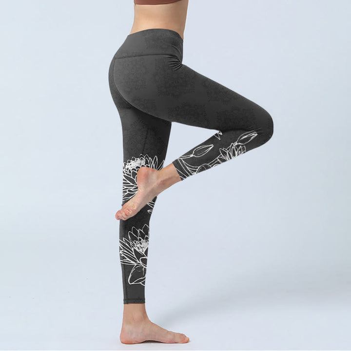 Leggings de yoga para mujer con estampado de hojas y flores de loto y Buddha Stones en blanco - image 3
