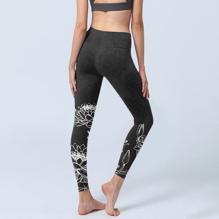 Leggings de yoga para mujer con estampado de hojas y flores de loto y Buddha Stones en blanco - image 4