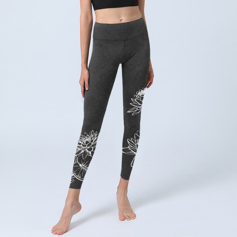 Leggings de yoga para mujer con estampado de hojas y flores de loto y Buddha Stones en blanco - image 5