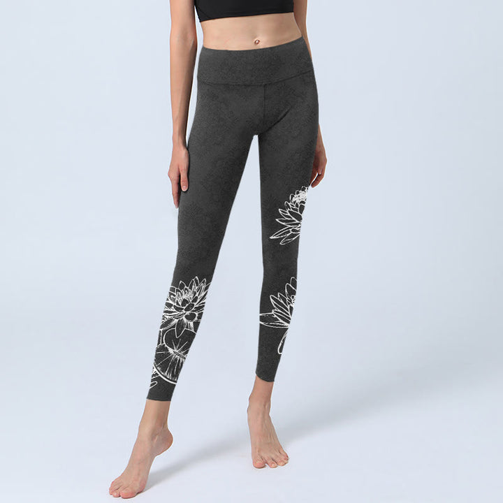 Leggings de yoga para mujer con estampado de hojas y flores de loto y Buddha Stones en blanco - image 5