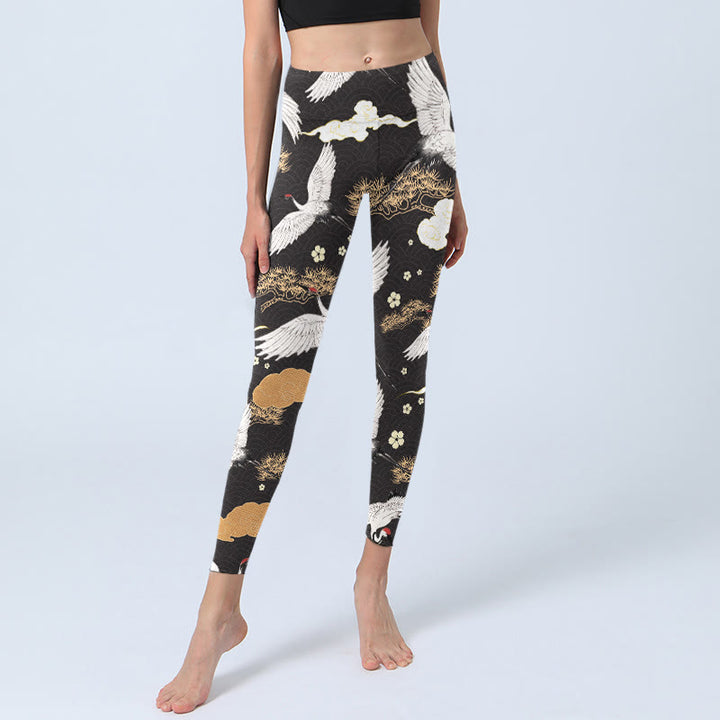 Leggings de yoga para mujer con estampado de Buddha Stones, grullas blancas de corona roja y pinos dorados - image 6
