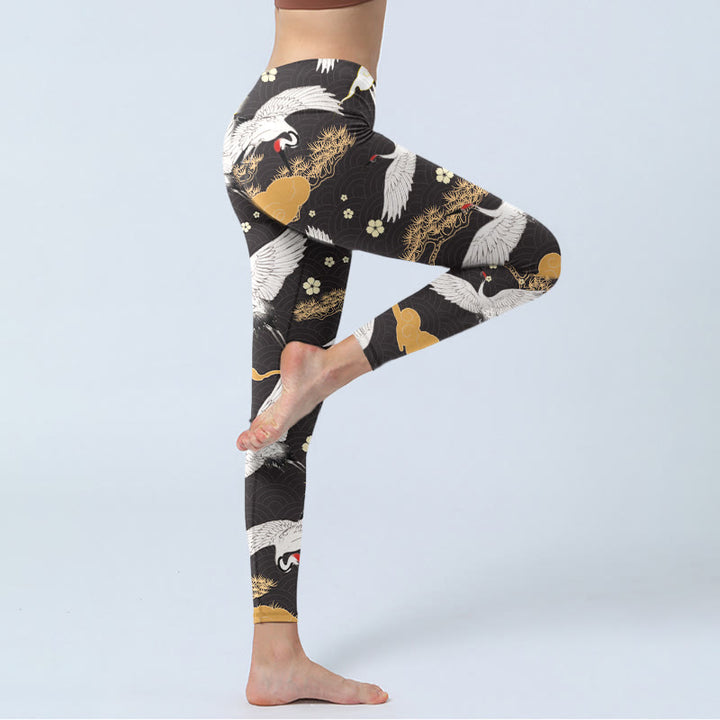 Leggings de yoga para mujer con estampado de Buddha Stones, grullas blancas de corona roja y pinos dorados - image 3
