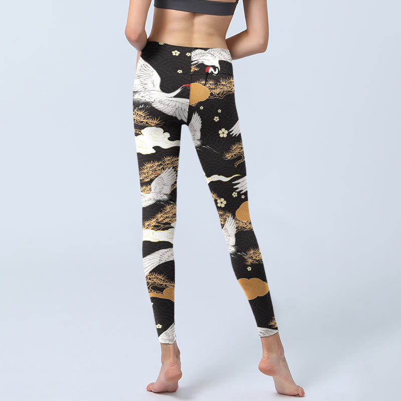 Leggings de yoga para mujer con estampado de Buddha Stones, grullas blancas de corona roja y pinos dorados - image 7