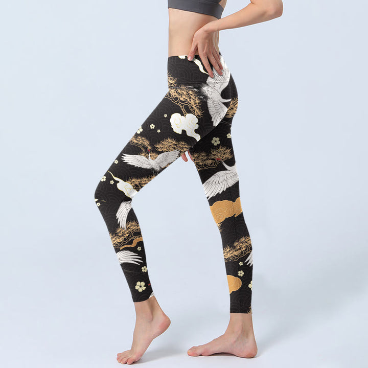 Leggings de yoga para mujer con estampado de Buddha Stones, grullas blancas de corona roja y pinos dorados - image 2