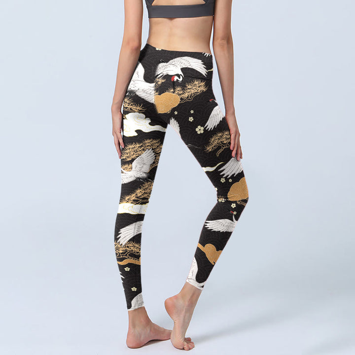 Leggings de yoga para mujer con estampado de Buddha Stones, grullas blancas de corona roja y pinos dorados - image 5