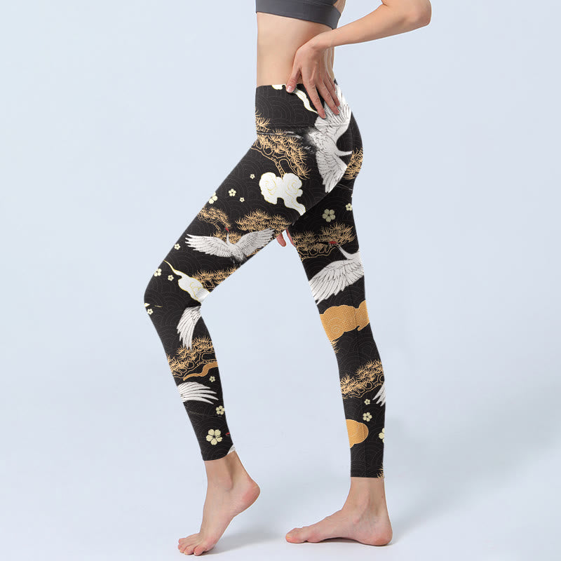 Leggings de yoga para mujer con estampado de Buddha Stones, grullas blancas de corona roja y pinos dorados - image 3