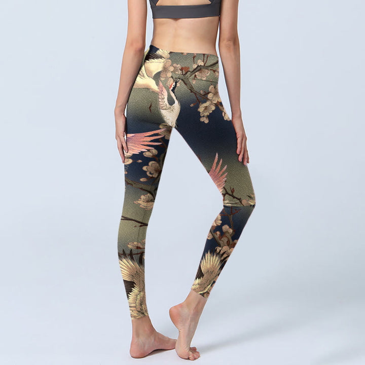 Leggings de yoga para mujer con estampado de grulla blanca y ramas florecientes de Buddha Stones - image 4