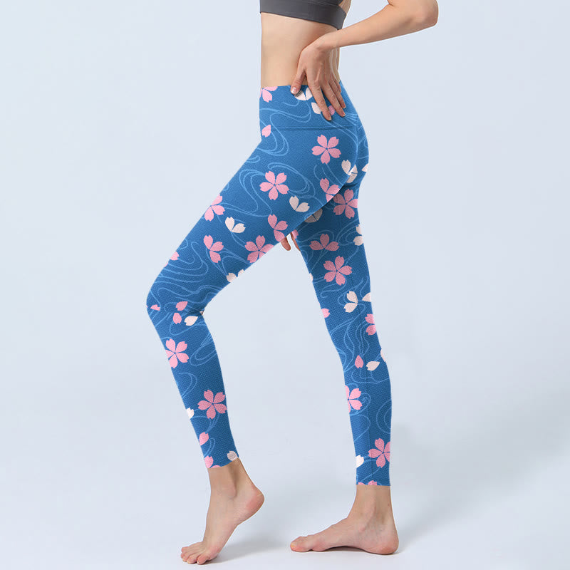 Leggings de yoga para mujer con estampado de líneas de flores de cerezo rosa y Buddha Stones - image 2