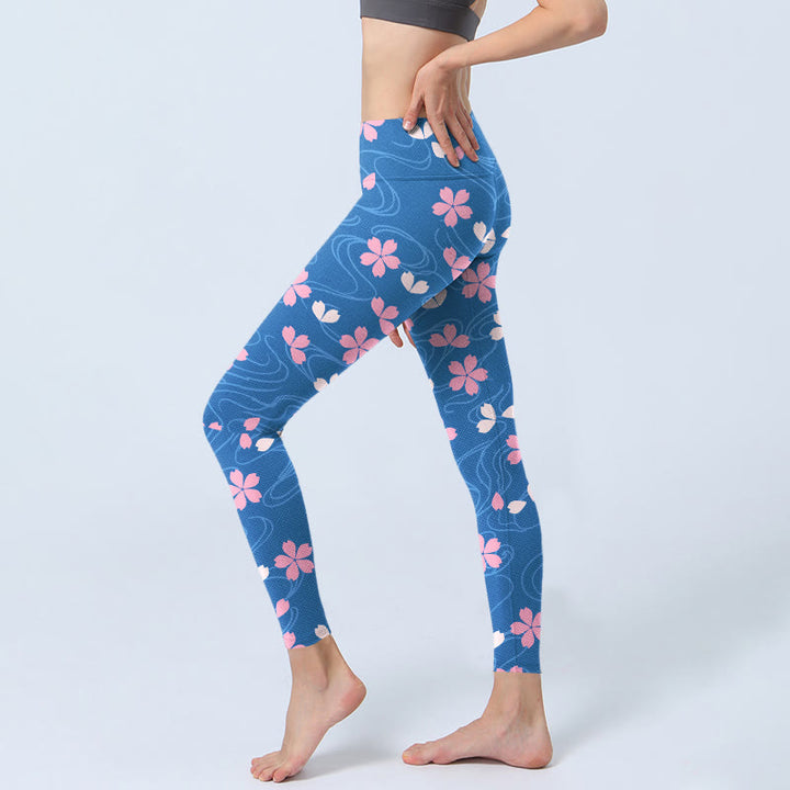Leggings de yoga para mujer con estampado de líneas de flores de cerezo rosa y Buddha Stones - image 2