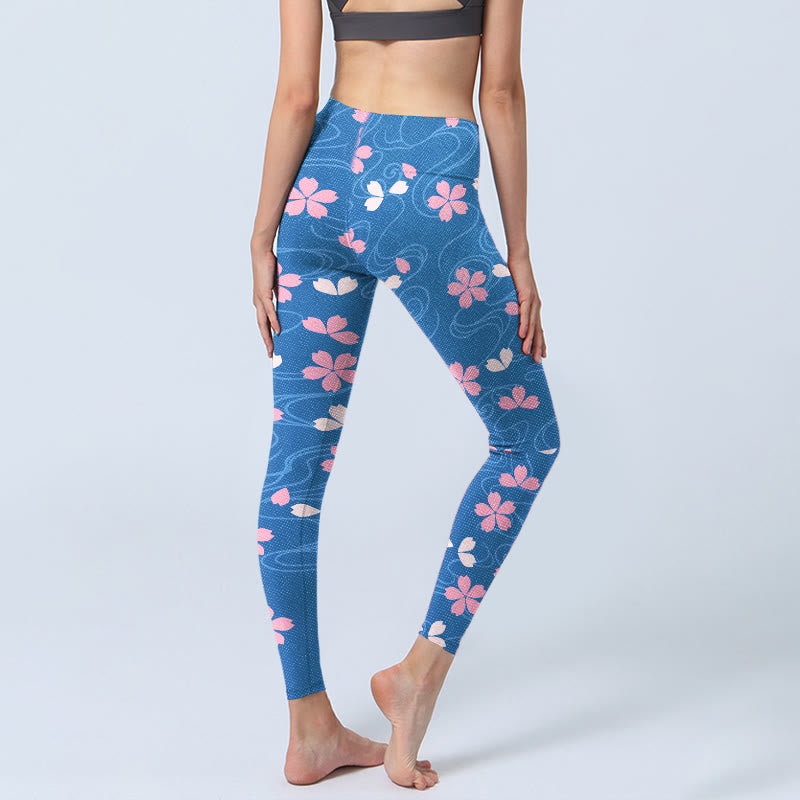 Leggings de yoga para mujer con estampado de líneas de flores de cerezo rosa y Buddha Stones - image 4