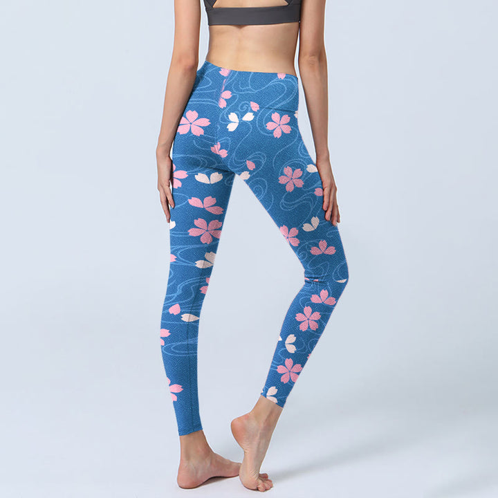 Leggings de yoga para mujer con estampado de líneas de flores de cerezo rosa y Buddha Stones - image 4