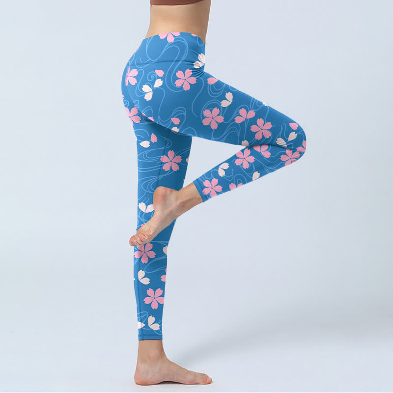 Leggings de yoga para mujer con estampado de líneas de flores de cerezo rosa y Buddha Stones - image 3