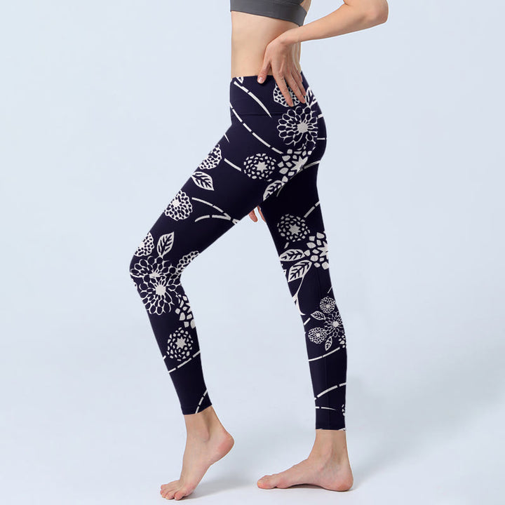 Leggings de yoga para mujer con estampado de crisantemos y Buddha Stones en blanco - image 2