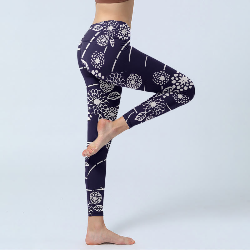 Leggings de yoga para mujer con estampado de crisantemos y Buddha Stones en blanco - image 3