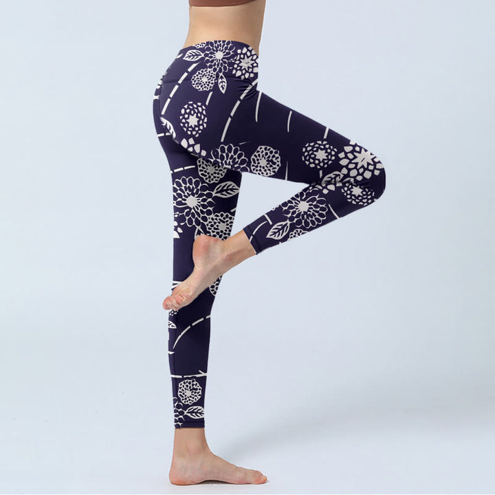 Leggings de yoga para mujer con estampado de crisantemos y Buddha Stones en blanco - image 3