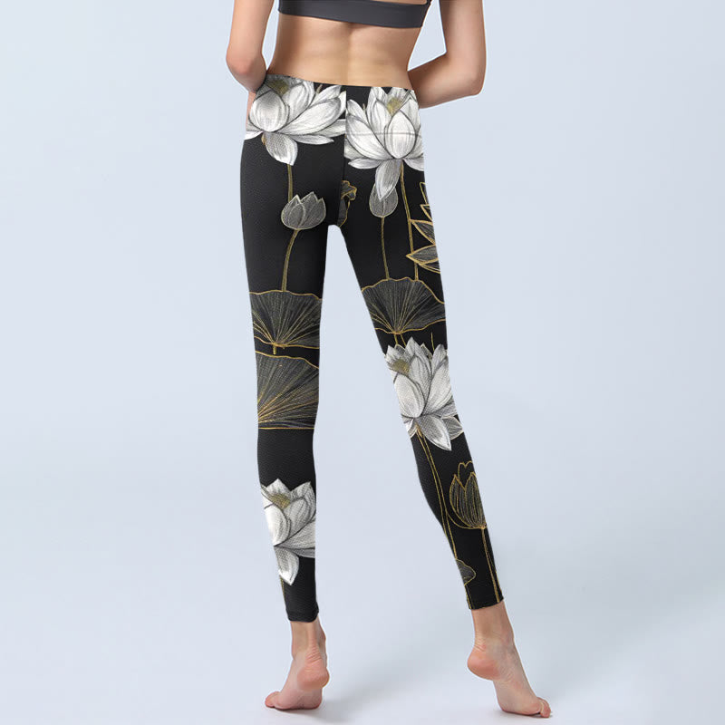 Leggings de yoga para mujer con estampado de hojas de loto doradas y Buddha Stones en blanco - image 7