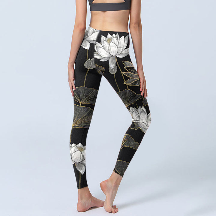 Leggings de yoga para mujer con estampado de hojas de loto doradas y Buddha Stones en blanco - image 5