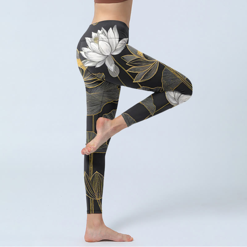 Leggings de yoga para mujer con estampado de hojas de loto doradas y Buddha Stones en blanco - image 3